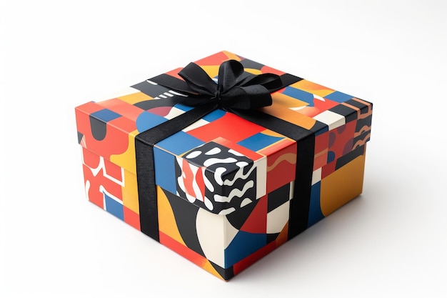 Uma foto de uma caixa de presente vibrante adornada com um laço preto Caixa de presente com padrões geométricos abstratos AI Gerado