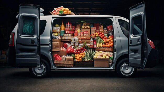 Foto uma foto de uma carrinha de entrega carregada de pacotes de alimentos