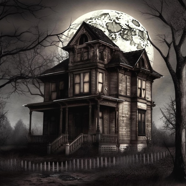 Uma foto de uma casa com a lua ao fundo.