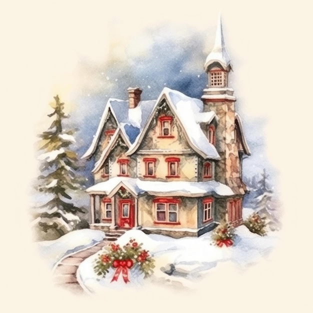 uma foto de uma casa com um telhado coberto de neve e uma torre do sino.
