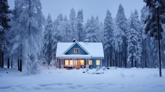 uma foto de uma casa de campo escandinava floresta nevada brilho crepúsculo