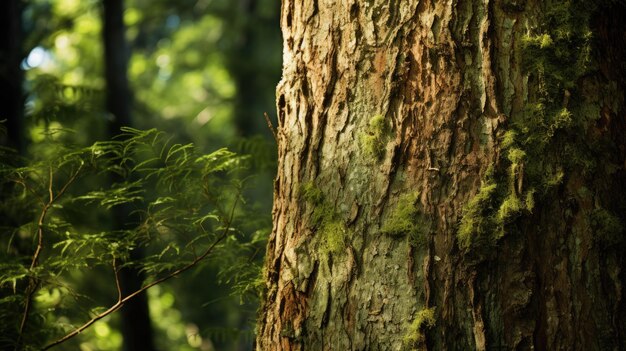 Uma foto de uma casca de árvore áspera com fundo de floresta densa