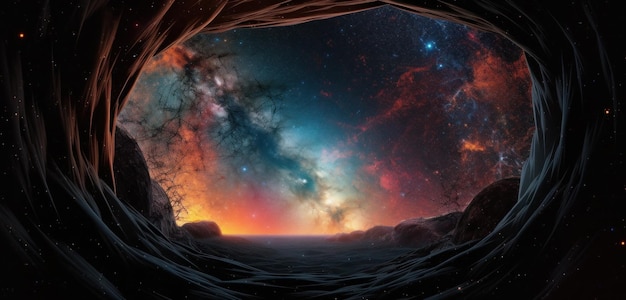 Uma foto de uma caverna com a Via Láctea ao fundo.
