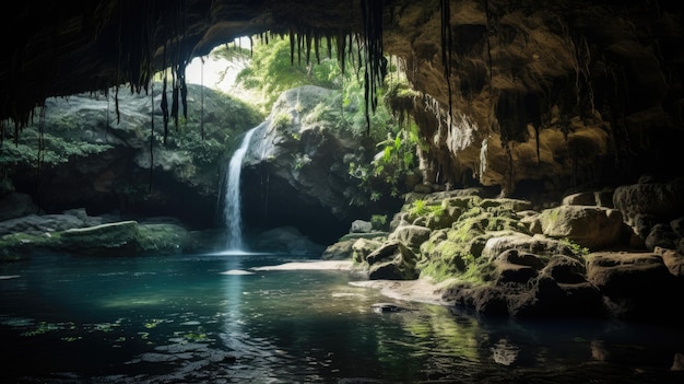Uma foto de uma caverna com uma cachoeira subterrânea escondida luz natural suave