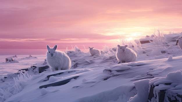 Foto uma foto de uma cena de tundra com lebres árticas rosa e púrpura no pôr do sol