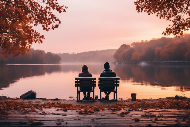 Uma foto de uma cena minimalista de um casal tendo um encontro de café