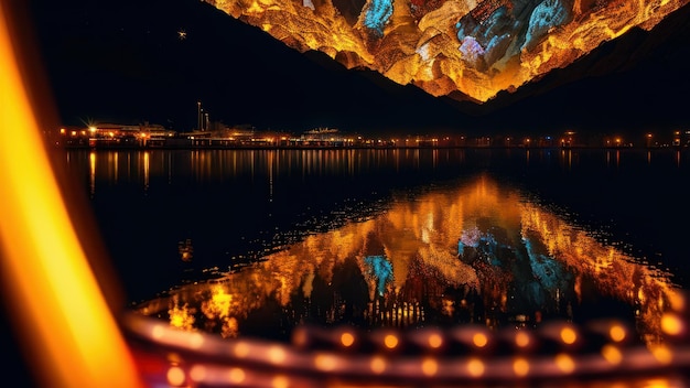 Uma foto de uma cena noturna com um show de luzes na água.