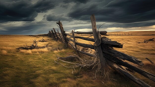 Uma foto de uma cerca de madeira em decomposição em um campo com nuvens de tempestade se acumulando