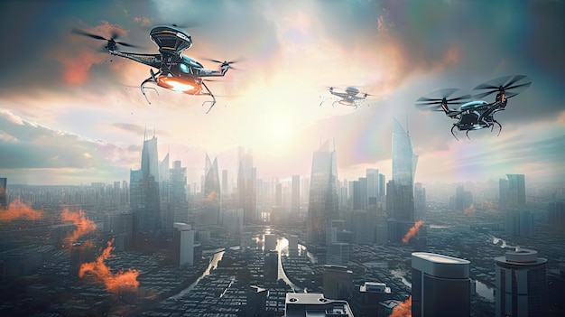 Uma foto de uma cidade com drones voando sobre ela