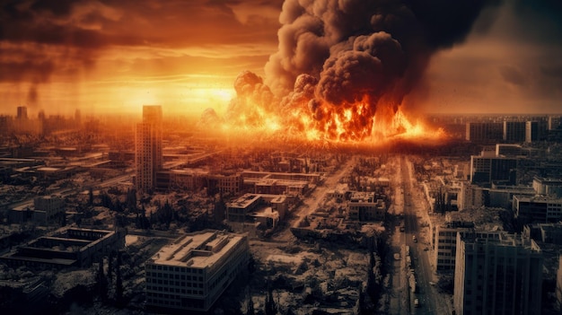 Uma foto de uma cidade com fogo no céu e fumaça saindo dela.