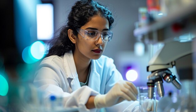 Foto uma foto de uma cientista do sul da ásia trabalhando em um laboratório