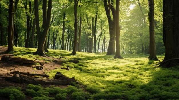 Uma foto de uma clareira tranquila na floresta com luz solar salpicada