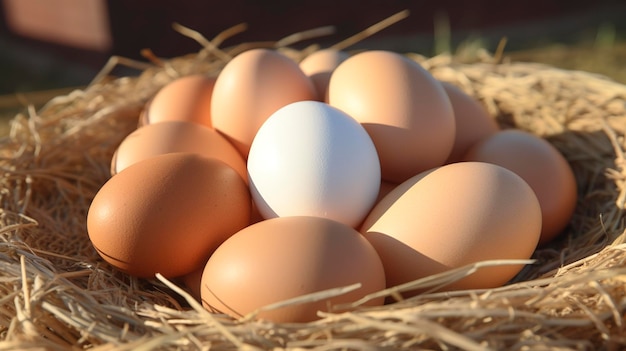 Uma foto de uma coleção de ovos de fazenda recém-colhidos