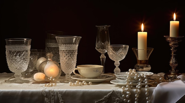 Foto uma foto de uma coleção de utensílios de vidro vintage em uma toalha de mesa de renda em um cenário elegante de sala de jantar