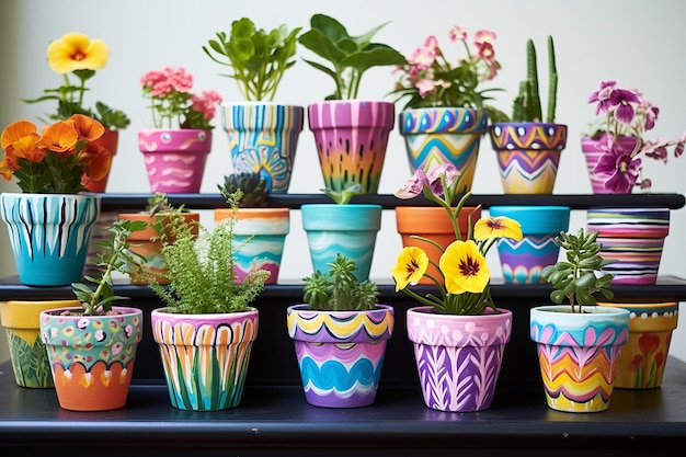 Uma foto de uma coleção de vasos de cerâmica pintados DIY