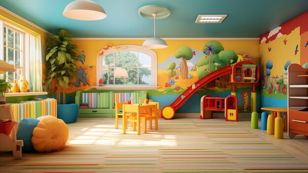 Uma foto de uma colorida e convidativa sala de jogos de creche