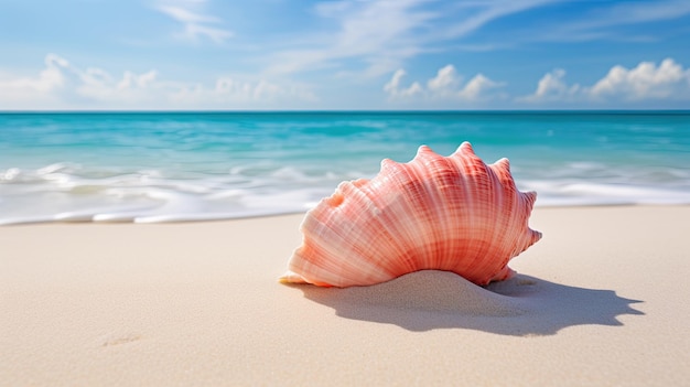 Uma foto de uma concha coral rosa em uma praia de areia com fundo de oceano turquesa