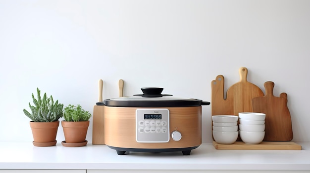 Uma foto de uma configuração de cozinha minimalista com um fogão lento ou crockpot