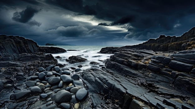 Uma foto de uma costa rochosa com maré entrante e céu tempestuoso