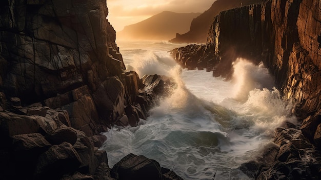 Uma foto de uma costa rochosa com ondas quebrando contra ela.