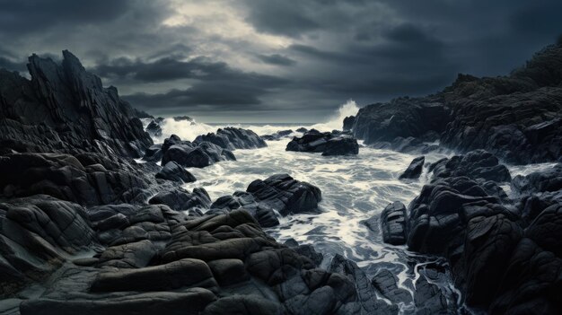 Uma foto de uma costa rochosa com ondas quebrando iluminação tempestuosa