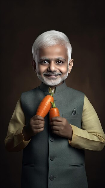 Foto uma foto de uma criança como narendra modi segurando cenoura vermelha