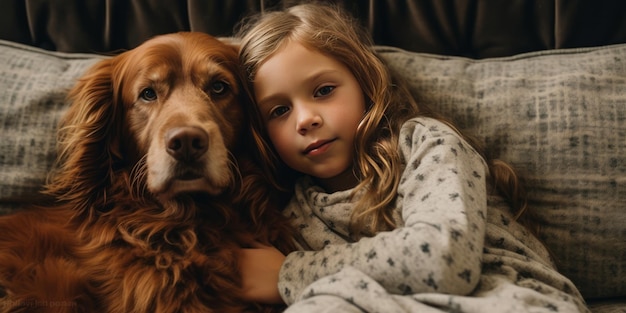 uma foto de uma criança e seu cachorro aconchegados juntos em um sofá aconchego