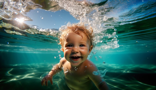 Uma foto de uma criança nadando alegremente em águas cristalinas tiradas da água
