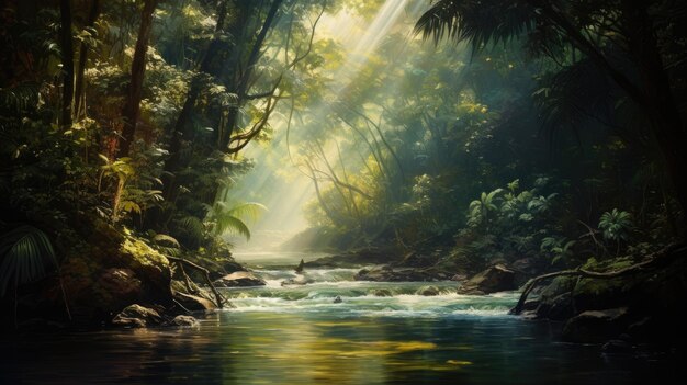 Uma foto de uma densa selva com um rio correndo manchado de luz solar