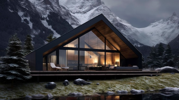 Uma foto de uma elegante cabana de montanha mínima aninhada