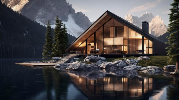 Uma foto de uma elegante cabana de montanha refletindo a vida moderna