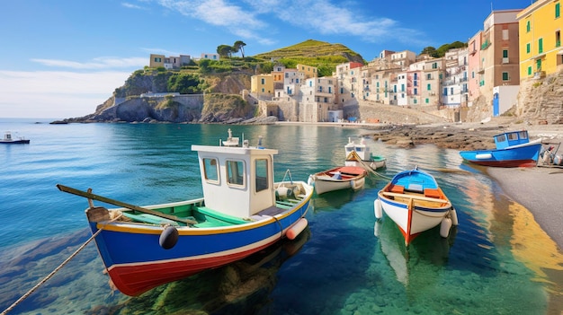 Uma foto de uma encantadora cidade costeira com barcos de pesca coloridos