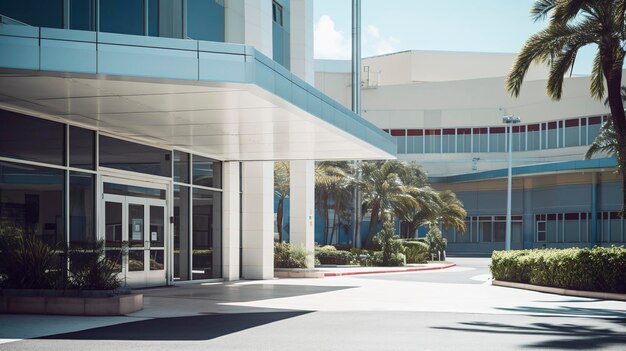 Foto uma foto de uma entrada de um hospital com um sinal proeminente
