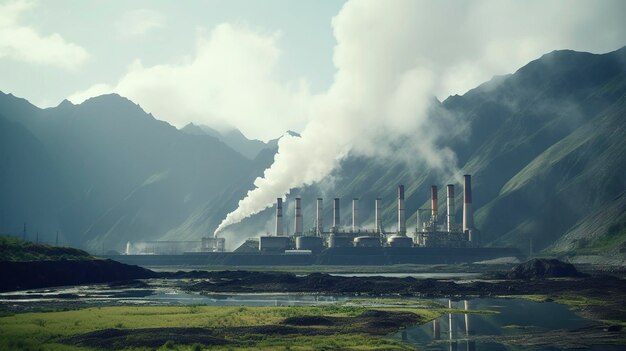 Foto uma foto de uma estação de energia geotérmica com um fundo montanhoso