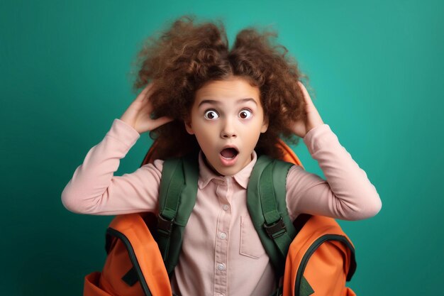 Uma foto de uma estudante surpreendida com cabelo encaracolado e mochila em fundo verde.