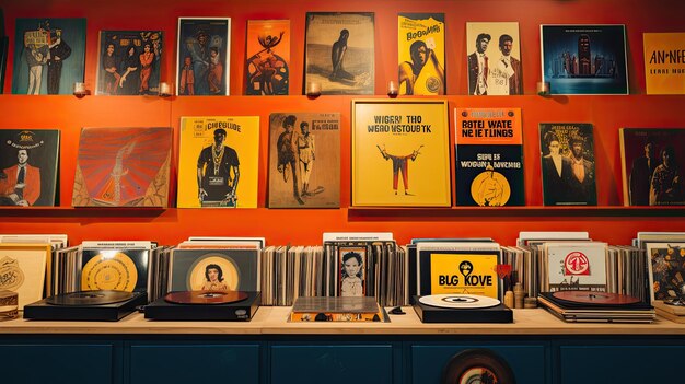 Foto uma foto de uma exibição de discos vintage em negrito cobre o pano de fundo da loja de música retrô