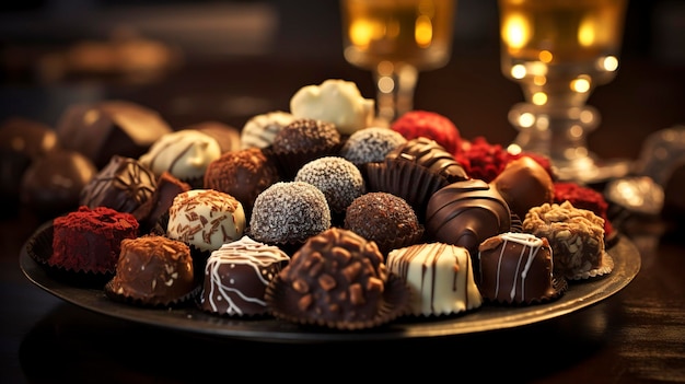 Uma foto de uma exibição tentadora de chocolates variados