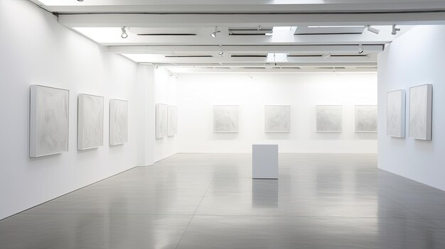 Uma foto de uma exposição de arte minimalista com paredes brancas