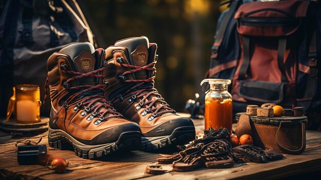 Uma foto de uma exposição de botas e acessórios de caminhada