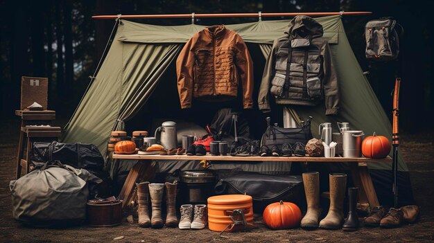 Uma foto de uma exposição de equipamentos de acampamento ao ar livre