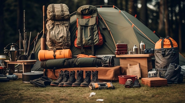 Uma foto de uma exposição de equipamentos de acampamento ao ar livre