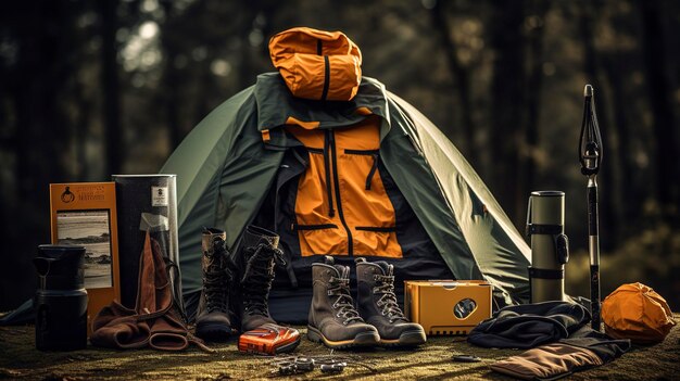 Uma foto de uma exposição de equipamentos de acampamento ao ar livre