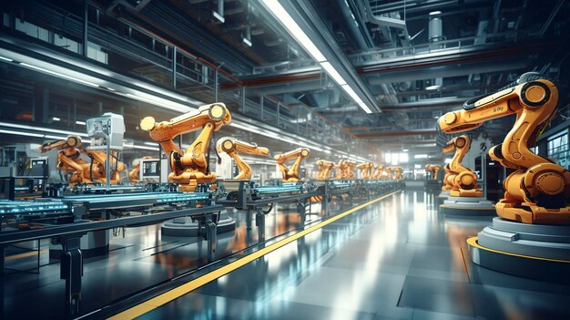 Uma foto de uma fábrica não tripulada com máquinas robóticas avançadas