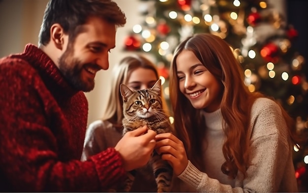 Foto uma foto de uma família celebrando o feliz natal com um gato bonito