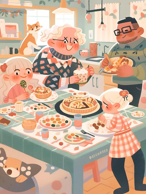 uma foto de uma família comendo comida com um personagem de desenho animado na parede