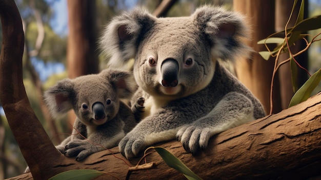 Foto uma foto de uma família de coalas descansando em eucalipto