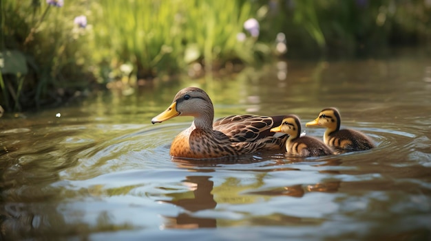 Uma foto de uma família de patos nadando em uma lagoa