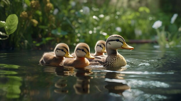 Uma foto de uma família de patos nadando em uma lagoa