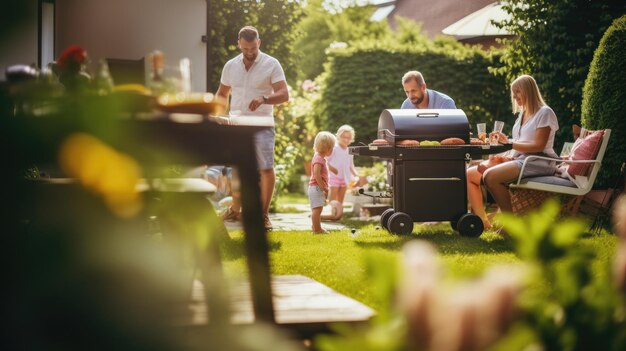 Uma foto de uma família e amigos tendo um piquenique churrasco no jardim se divertindo comendo e e