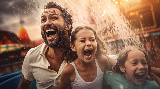 Uma foto de uma família se divertindo em um parque de diversões ou parque aquático